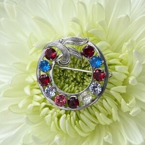 Vintage Van Dell Fruit Salad Rhinestone Crystal Wreath Pin Sterling Silver MCM